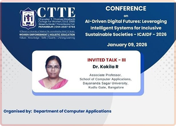 Invited talk banner for Dr. Kokila R at ICAIDF 2026 conference